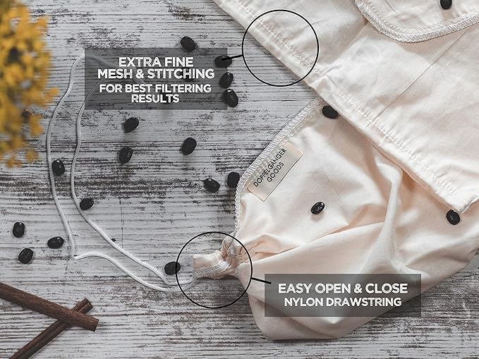 (2-Pack, Large 12in x 12in) Organic Cotton Cold Brew Coffee Bag - Designed in California - Reusable Coffee Filter with EasyOpen Drawstring Cold Brew Maker for Pitchers, Mason Jars, & Toddy Systems