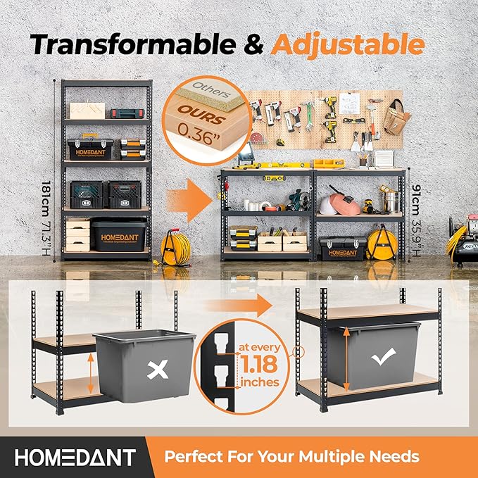 HOMEDANT 5 Tier Storage Shelves Adjustable Laminated Boltless Garage Metal Shelving Unit Heavy Duty Utility Rack Shelf Warehouse Pantry Closet Kitchen 35.9" W x 16.2" D x 71.3" H 4Pack