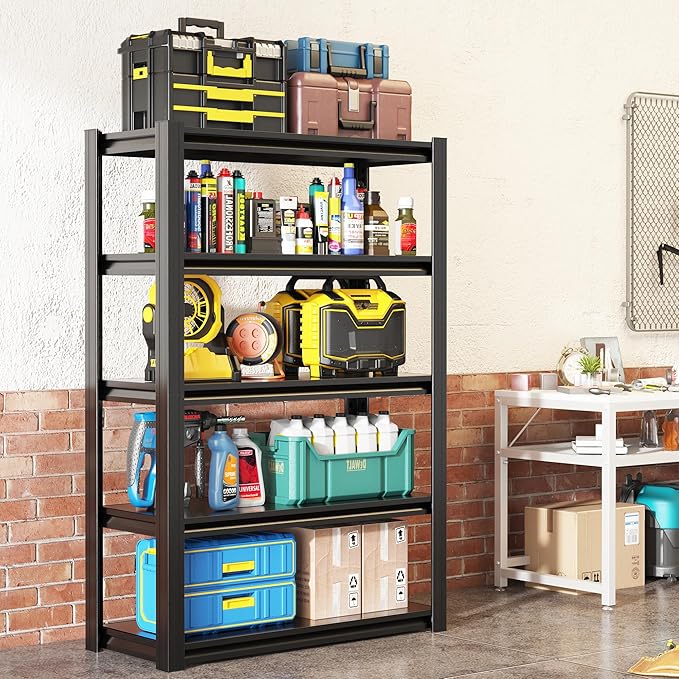 62" H Garage Shelving, Heavy Duty Storage Shelves, Garage Storage Shelves, Adjustable 5 Tier Metal Shelving Unit, Utility Shelves for Warehouse Backyard, 62" H×27.6" W×12" D