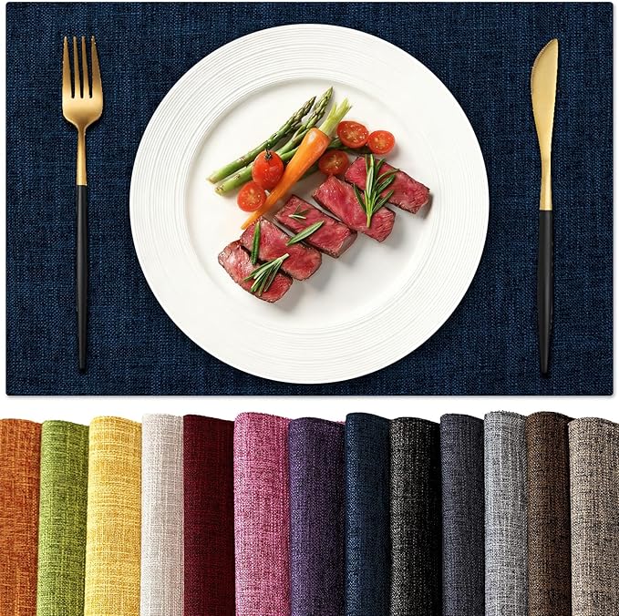KXN Placemats Set of 6, Dual-Layer Thickened Faux Linen Table Mats, Heat Resistant & Wrinkle-Free, Machine Washable Cloth Place Mats for Kitchen Dining Indoor Outdoor (Navy Blue)