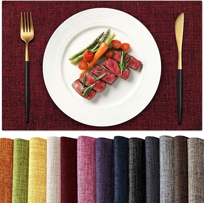 KXN Christmas Placemats Set of 8, Dual-Layer Thickened Faux Linen Table Mats, Heat Resistant & Wrinkle-Free, Machine Washable Cloth Place Mats for Kitchen Dining Indoor Outdoor (Red)