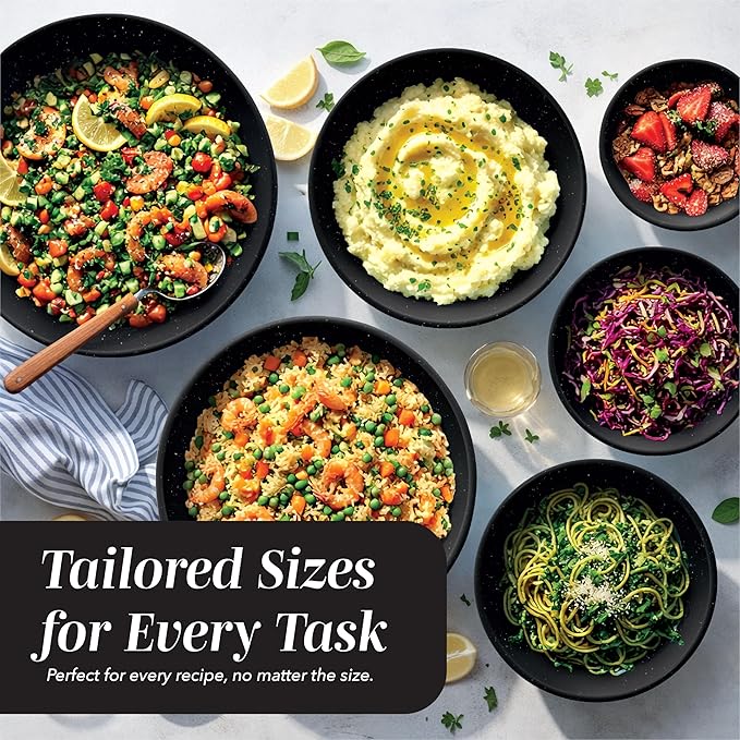 COOK WITH COLOR Mixing Bowls with TPR Lids - 12 Piece Plastic Nesting Bowls Set includes 6 Prep Bowls and 6 Lids, Microwave Safe (Speckled Black)